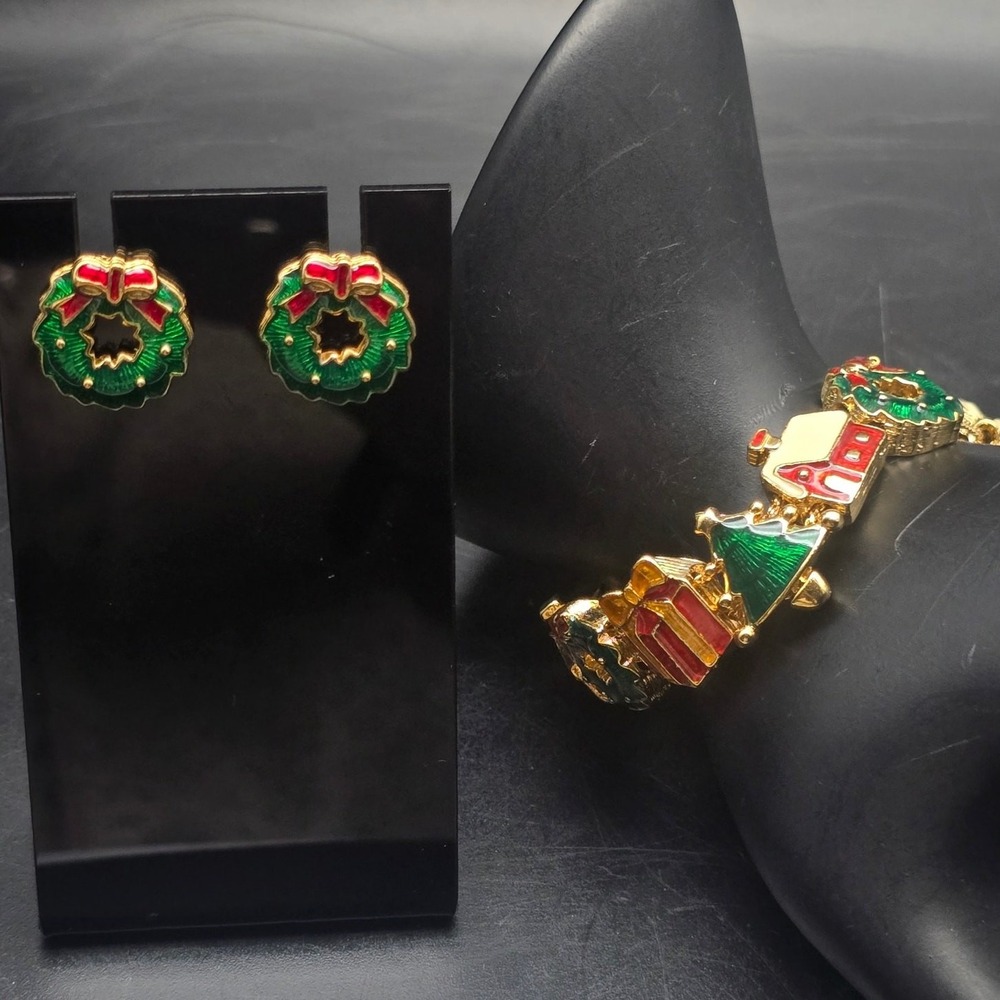 Christmas Slide Charm Bracelet with Wreath Stud Earrings Enamel